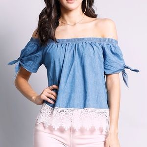 Crochet Trim Chambray Off-The-Shoulder Top